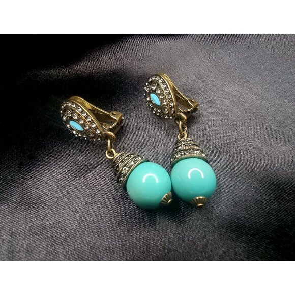Heidi Daus Faux Turquoise Clear Crystals Bronze Tone Dangle Earrings - Picture 4 of 4